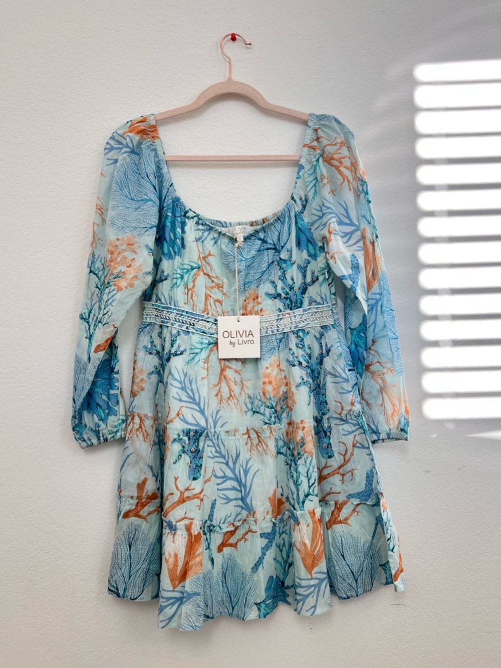 OLIVIA by Livro Cin Cin Blue Coral Reef Mini Dress Cotton Printed Summer Dress S